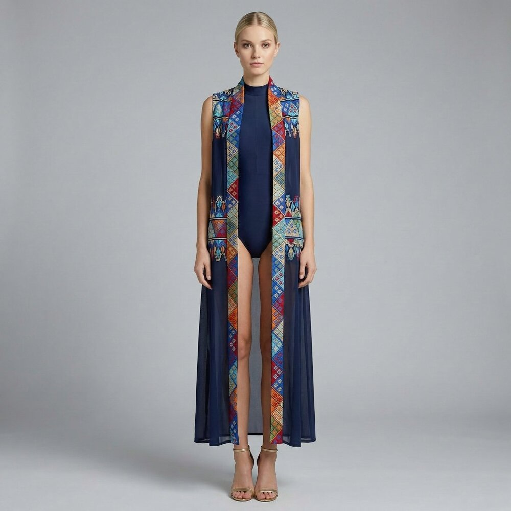 Vintage Embroidered Sheer Chiffon Long Vest Navy Blue Evening & Resort